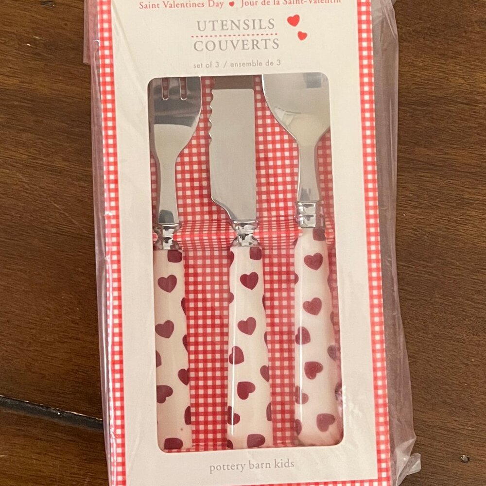 Pottery Barn Kids Utensil Set of 3 Hearts Valentine's Day Fork Knife Spoon NWT